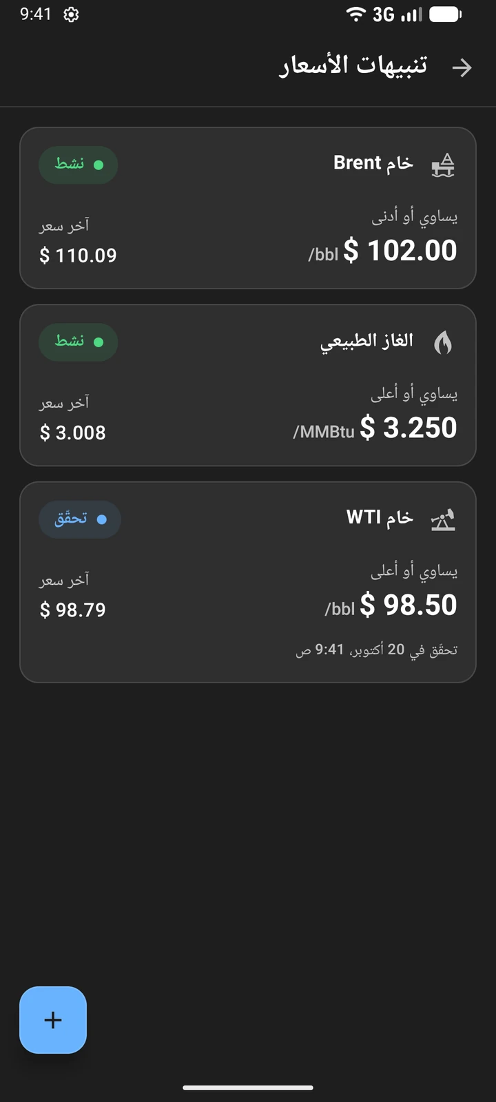 تنبيهات الأسعار في Oil Prices: تنبيهان نشطان لخام Brent والغاز الطبيعي وتنبيه تحقّق لخام WTI