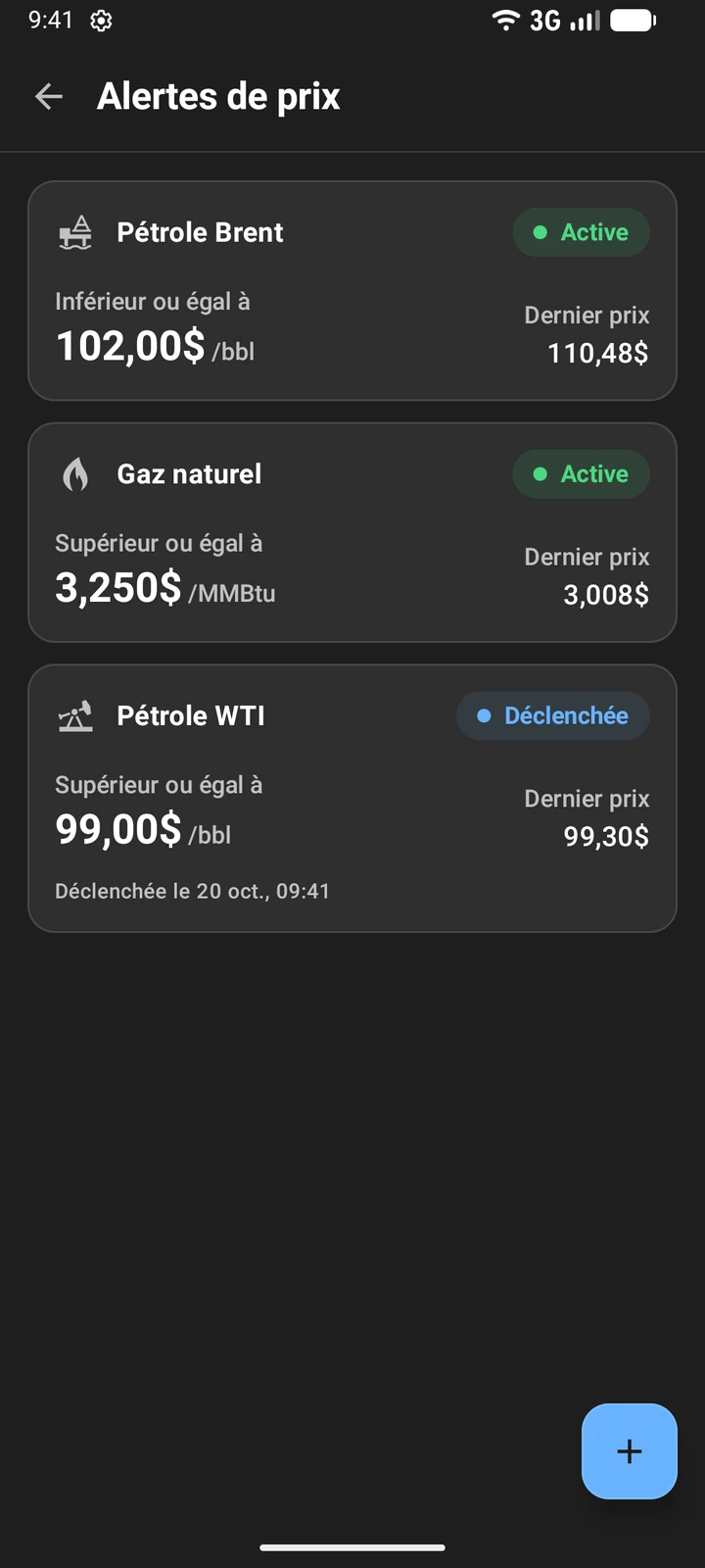 Alertes de prix dans Oil Prices : alertes actives pour le Brent et le gaz naturel, alerte déclenchée pour le WTI
