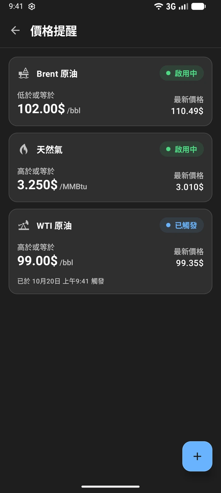 Oil Prices 的價格提醒：Brent 與天然氣的提醒啟用中，WTI 的提醒已觸發
